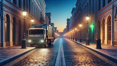 Camion della spazzatura urbano su una strada tranquilla al crepuscolo.