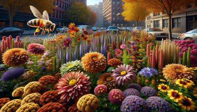 Jardin urbain avec diverses fleurs d'automne et des abeilles.