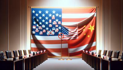 Drapeaux des États-Unis et de la Chine avec des symboles de commerce bloqué.