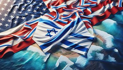 Drapeaux des États-Unis et d'Israël avec symbole de paix en arrière-plan.