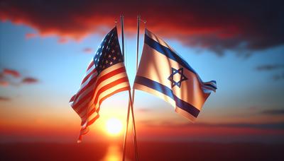 USA:s och Israels flaggor med fredlig solnedgång i bakgrunden.