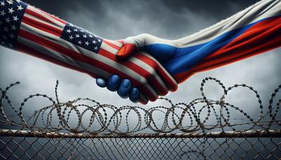 Banderas de EE.UU. y Rusia estrechando manos a través de alambre de púas.
