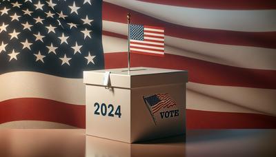 Bandiera degli Stati Uniti e urna elettorale con numeri 2024