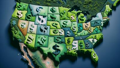 Carte des États-Unis mettant en évidence l'impact économique avec des symboles monétaires.