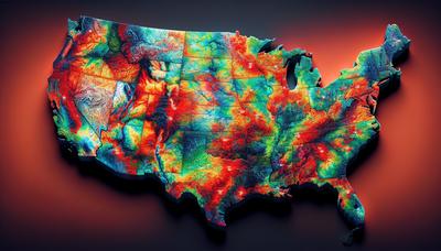 アメリカの地図に、心臓病のリスクを示す地域が色分けされています。

