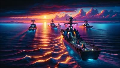 Navios de guerra dos EUA patrulhando o Mar do Sul da China ao pôr do sol.