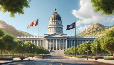 Edificio del capitolio de Utah con banderas de EE.UU. y Trump