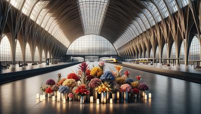 Station Utrecht Centraal met bloemen en kaarsen.