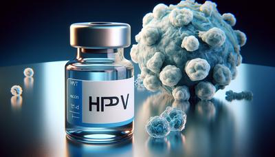 Vaccinflaska med HPV-etikett och cancerillustration.