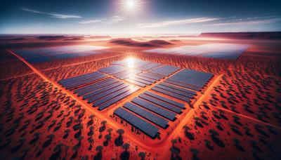 Weite Solarpaneele in der australischen Outback-Landschaft.