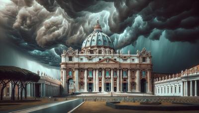 Edifício do Vaticano contra um céu de tempestade.