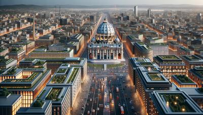 Coupole du Vatican entourée par les rues animées et vibrantes de la ville.