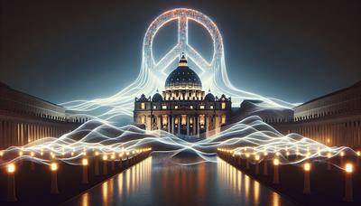 Silhouette del Vaticano con codice digitale e simbolo della pace.

