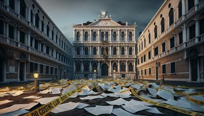 Edificio governativo veneziano con nastro della polizia e documenti