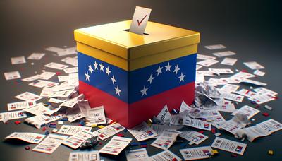 Urna elettorale venezuelana con bandiera e problemi di voto.