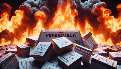 Schede elettorali venezuelane con fiamme crescenti sullo sfondo