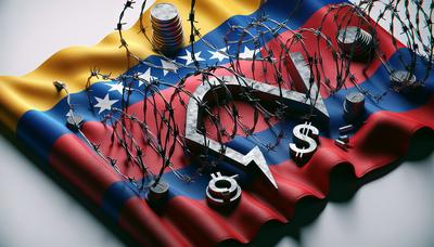 Venezolanische Flagge mit Stacheldraht und Wirtschaftssymbolen
