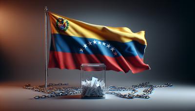 Bandiera venezuelana con catene e urna elettorale.