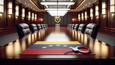 Bandera venezolana con esposas y mesa de reunión de gabinete.