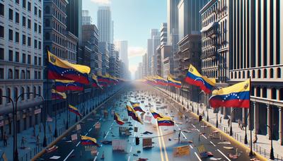 Banderas venezolanas y carteles de protesta en las calles de la ciudad.