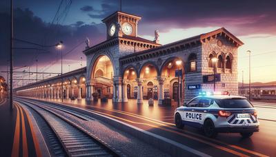 Auto della polizia con luci lampeggianti alla stazione ferroviaria di Verona.