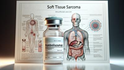 Frasco de pembrolizumabe com diagrama de sarcoma de tecidos moles.