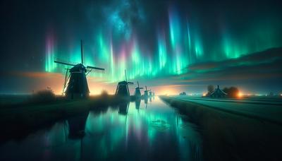 Levendige noorderlichtshow boven Nederlands landschap 's nachts.