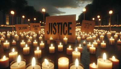 Candele di veglia con cartelli di protesta che chiedono giustizia di notte.