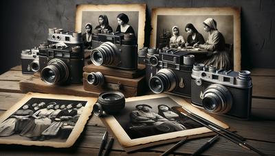 Appareils photo vintage et photographies de femmes au travail.