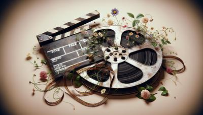 Bobine de film vintage et clap avec des fleurs.