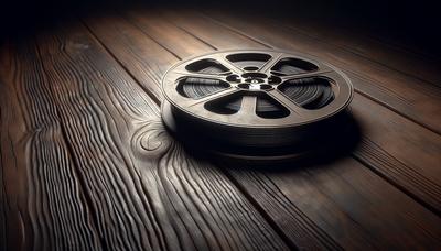 Bobine de film vintage sur une table en bois sombre.