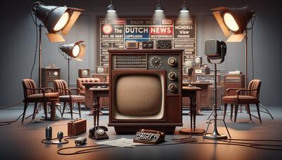 Vintage televisie met Nederlandse nieuwsset op de achtergrond