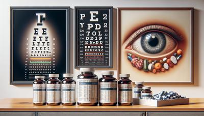 Botellas de vitaminas, tabla de visión y ilustración de ojo saludable.