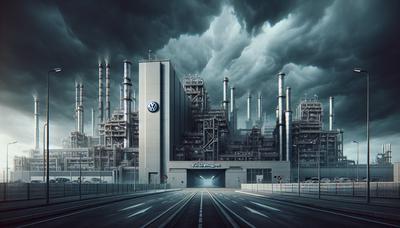 Usine Volkswagen fermée avec des grilles et un ciel sombre.