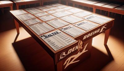 Stembiljetten en Boeing-logo op een tafel.