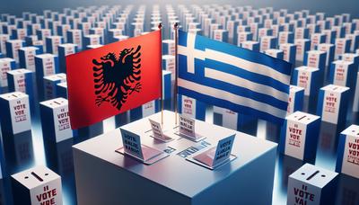 'Símbolos de papeletas de votación y banderas tensionadas de Albania y Grecia'