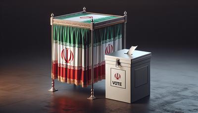 Cabina de votación con bandera de Irán y urna