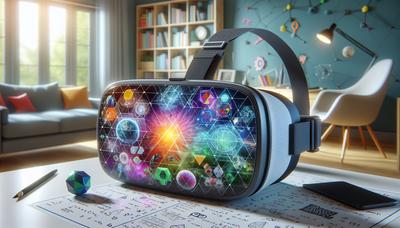 Visore VR che visualizza una simulazione educativa in colori vivaci.