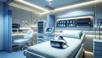 Auriculares VR con fondo de habitación de hospital.