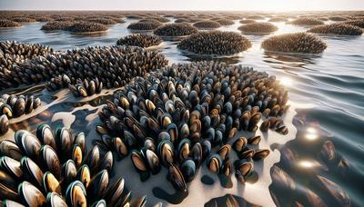 Waddenzee mosselbanken met groeiende jonge mosselen.