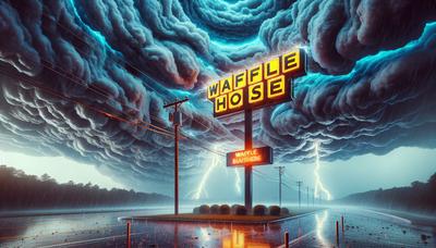 Placa do Waffle House em meio a condições climáticas tempestuosas.