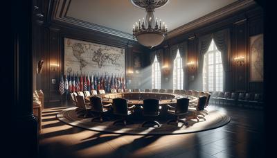 Salle du cabinet de guerre avec des chaises vides et des drapeaux.