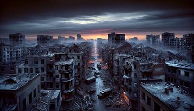 Des bâtiments ravagés par la guerre sous un ciel du soir sombre.