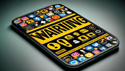 Etiqueta de advertencia en la pantalla del teléfono inteligente con logotipos de redes sociales.