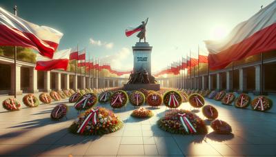 Monumento da Revolta de Varsóvia com bandeiras polonesas e coroas de flores