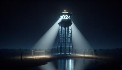 Torre de agua con proyección de Trump 2024 por la noche.