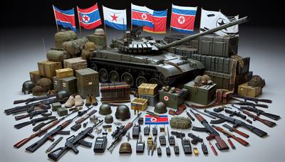 Armas y suministros militares con banderas de Rusia y Corea del Norte.