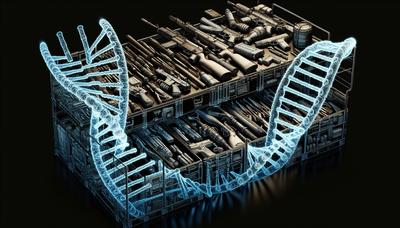 Illustrazione di un arsenale di armi con sovrapposizione di filamenti di DNA