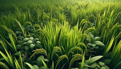 Arroz salvaje y plantas de arroz cultivadas entremezclándose.