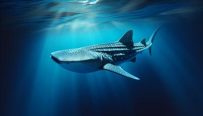 Squalo balena che nuota nelle profonde acque blu dell'oceano.